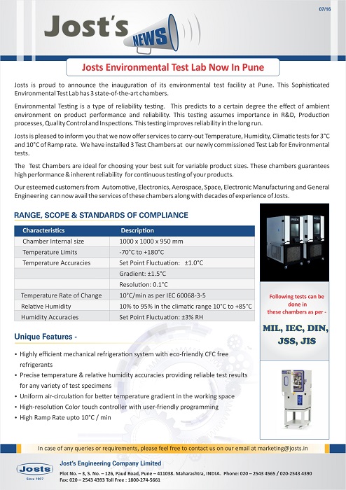 Josts Environmental Test Lab Now In Pune-August 2016